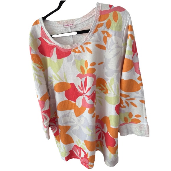 fresh produce Tops - Fresh Produce Women's Coral Pink Floral Sweatshirt‎ Size Cotton Terry Cloth 2XL